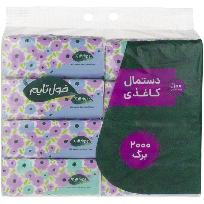 دستمال کاغذی فول تایم ۲۵۰ برگ دولایه بسته ۸ عددی